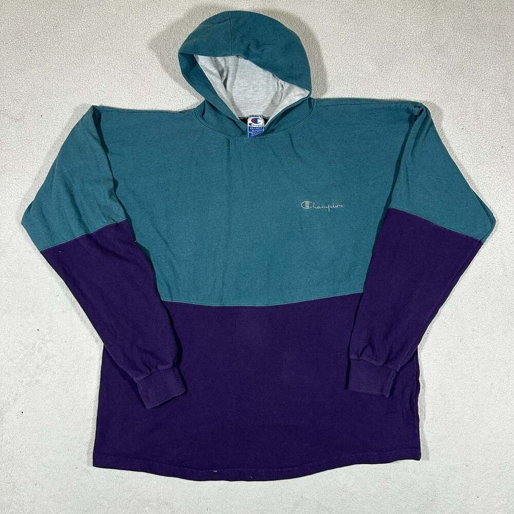 Vintage Champion USA Made Teal Purple Colorblock Hoodie Men's XXL 90s Pullover
